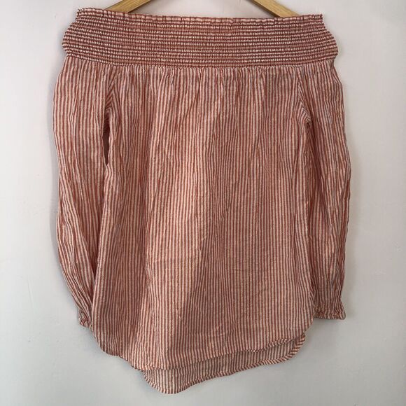 MICHAEL Kors Top XSMALL Cerise Pink White Candy Striped Off-Shoulder Designer - Picture 2 of 7